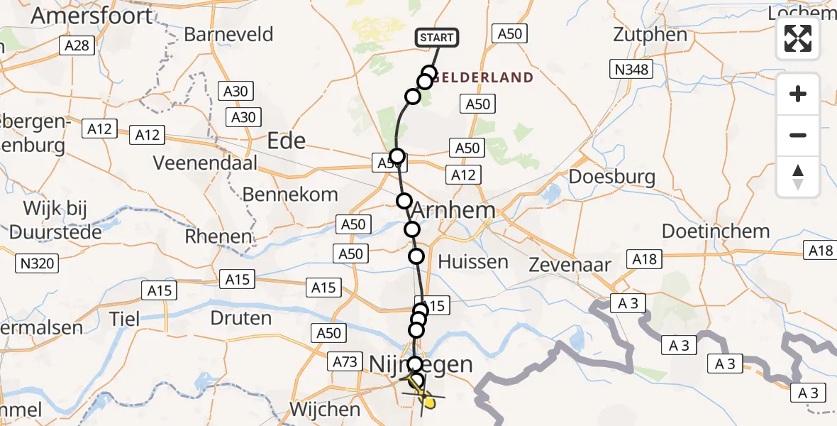 Routekaart van de vlucht: Lifeliner 3 naar Radboud Universitair Medisch Centrum, Brouwersweg