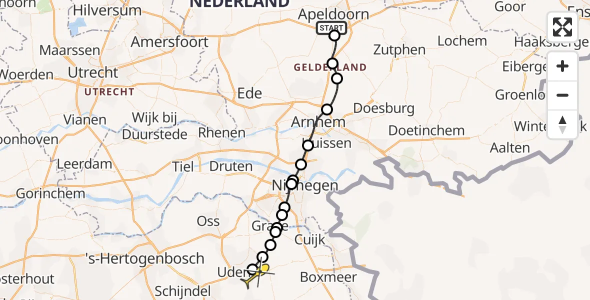Routekaart van de vlucht: Politiehelikopter naar Vliegbasis Volkel, Schubertlaan