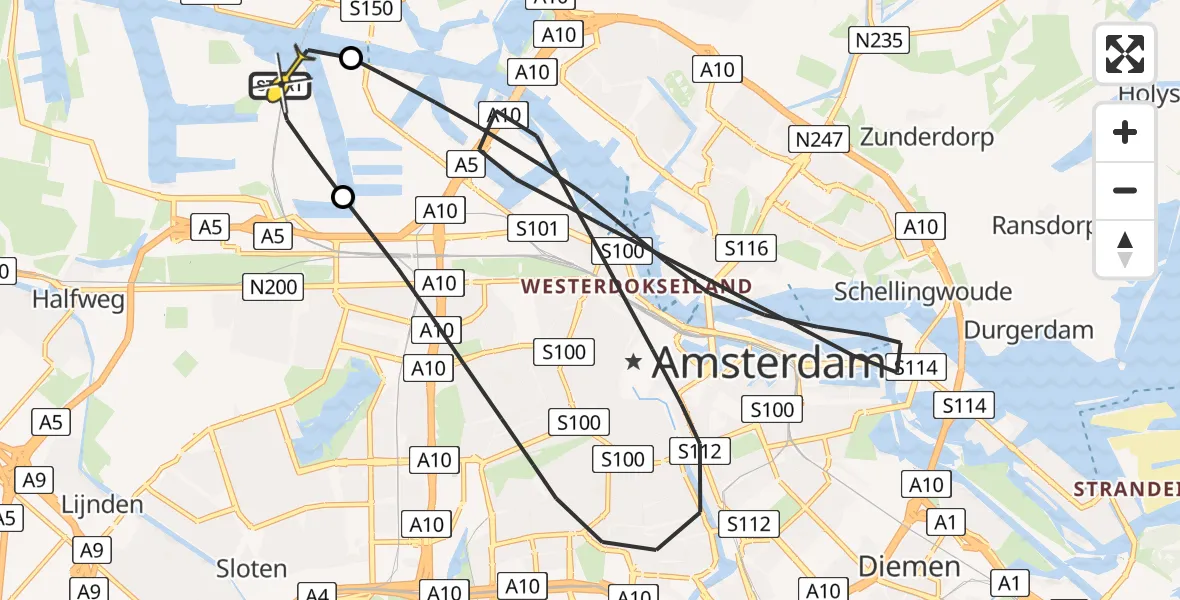Routekaart van de vlucht: Lifeliner 1 naar Amsterdam Heliport, Corsicaweg