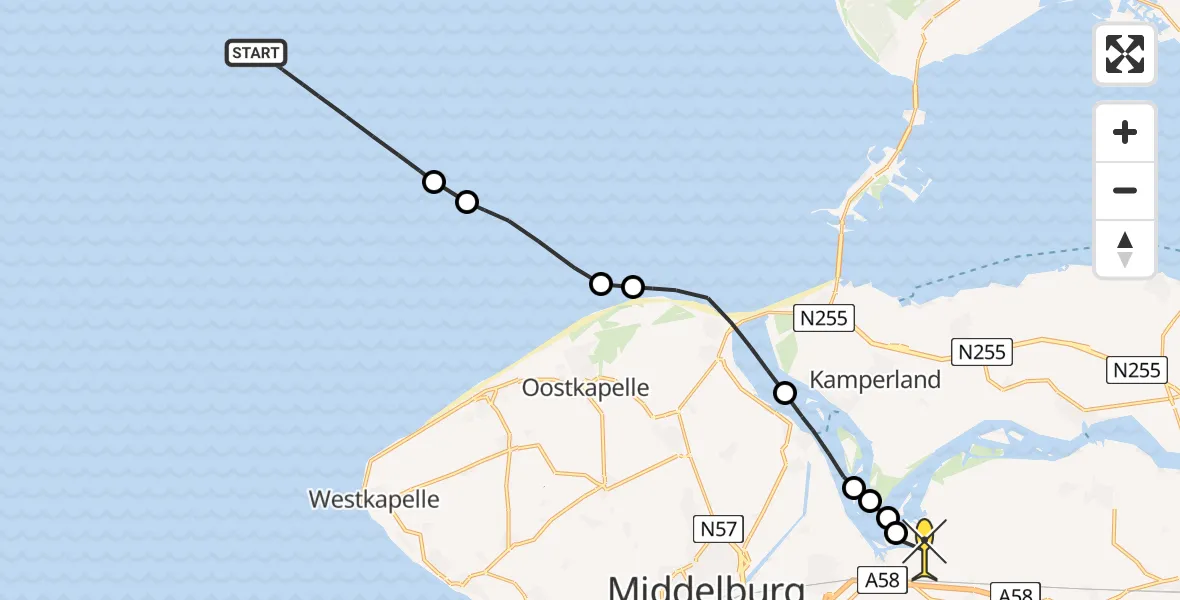 Routekaart van de vlucht: Kustwachthelikopter naar Vliegveld Midden-Zeeland, Polredijk