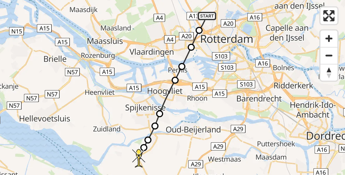 Routekaart van de vlucht: Lifeliner 2 naar Piershil, Zestienhovensekade
