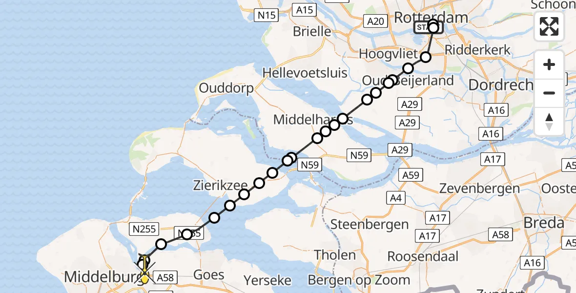 Routekaart van de vlucht: Kustwachthelikopter naar Vliegveld Midden-Zeeland, Holland Amerikakade