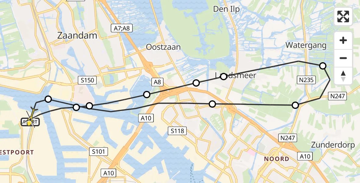 Routekaart van de vlucht: Lifeliner 1 naar Amsterdam Heliport, Hemweg
