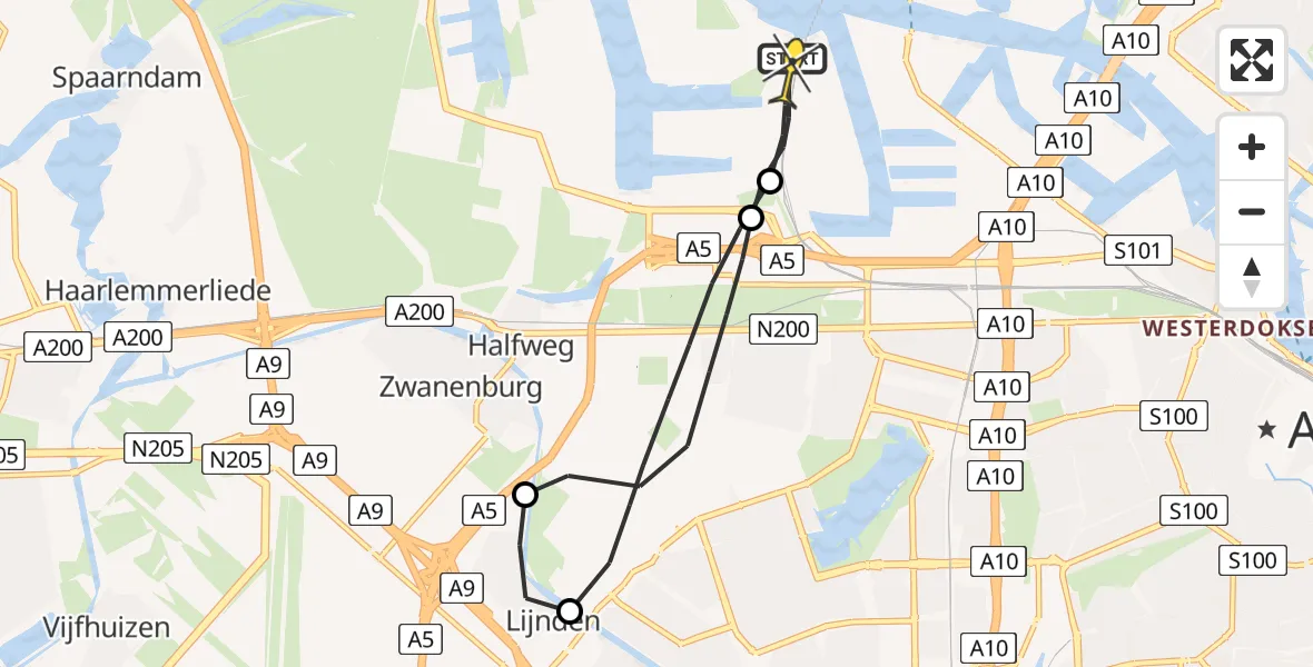 Routekaart van de vlucht: Lifeliner 1 naar Amsterdam Heliport, Hornweg