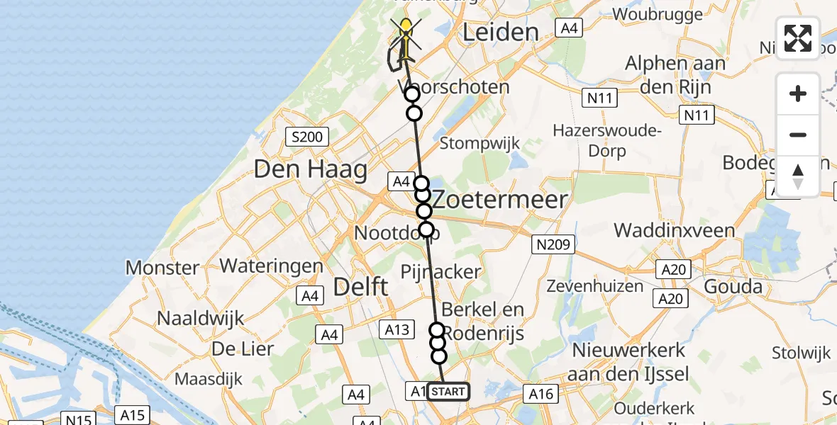 Routekaart van de vlucht: Lifeliner 2 naar Wassenaar, Schieveense polder