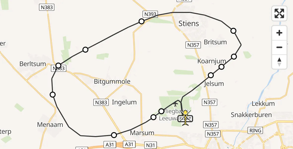 Routekaart van de vlucht: Ambulancehelikopter naar Vliegbasis Leeuwarden, Keegsdijkje