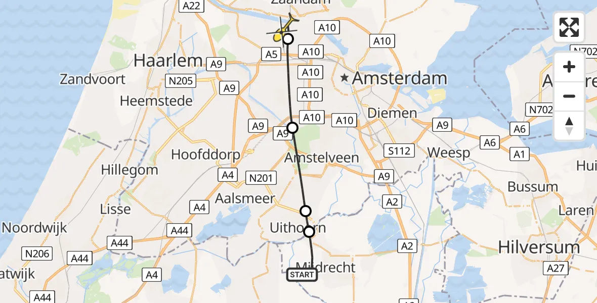 Routekaart van de vlucht: Lifeliner 1 naar Amsterdam Heliport, Machinetocht