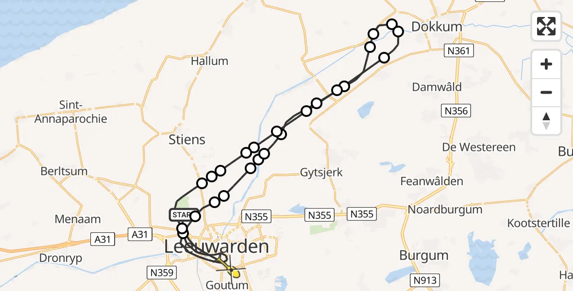 Routekaart van de vlucht: Ambulancehelikopter naar Leeuwarden, Harlingerstraatweg