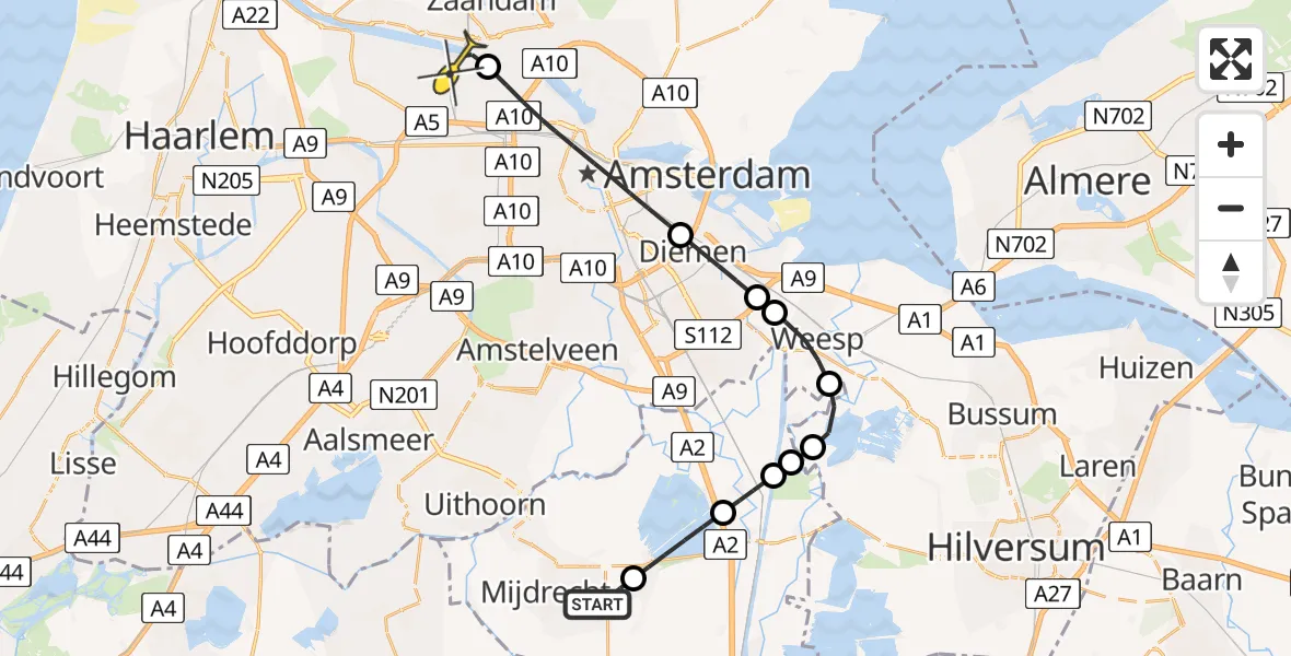 Routekaart van de vlucht: Lifeliner 1 naar Amsterdam Heliport, Aetsveld
