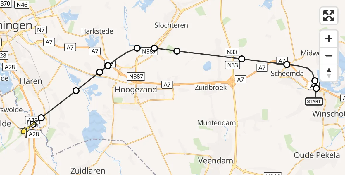 Routekaart van de vlucht: Lifeliner 4 naar Eelde, Burgemeester J.G. Legroweg