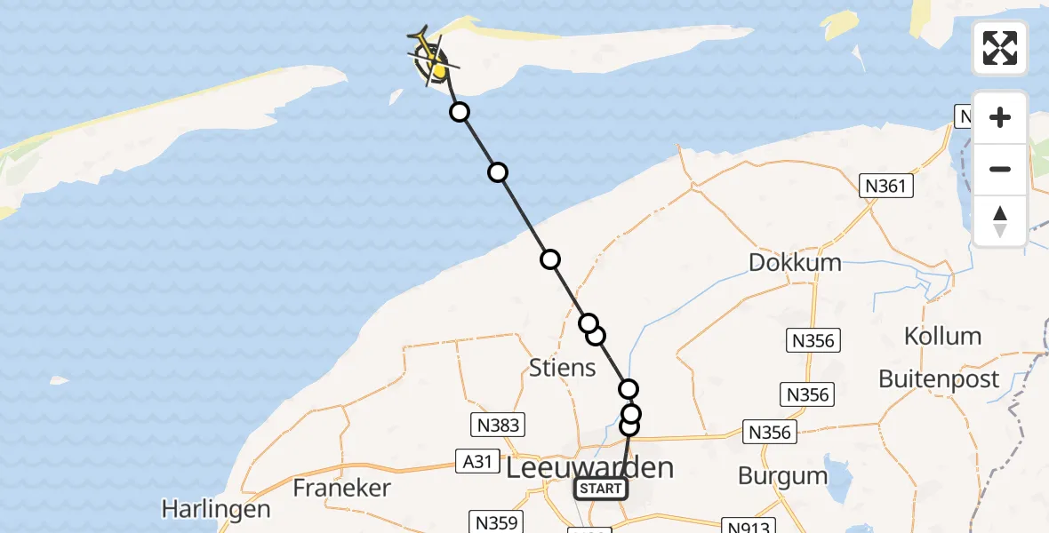 Routekaart van de vlucht: Ambulancehelikopter naar Hollum, Drachtsterweg