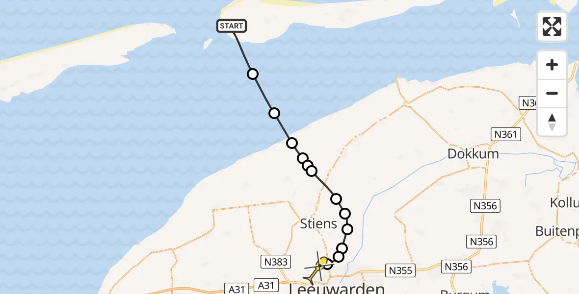 Routekaart van de vlucht: Ambulanceheli naar Vliegbasis Leeuwarden, Reeweg