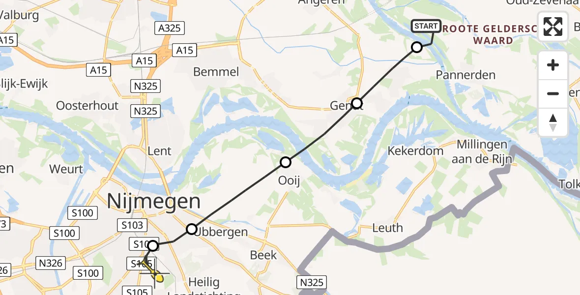 Routekaart van de vlucht: Lifeliner 3 naar Radboud Universitair Medisch Centrum, Roswaard