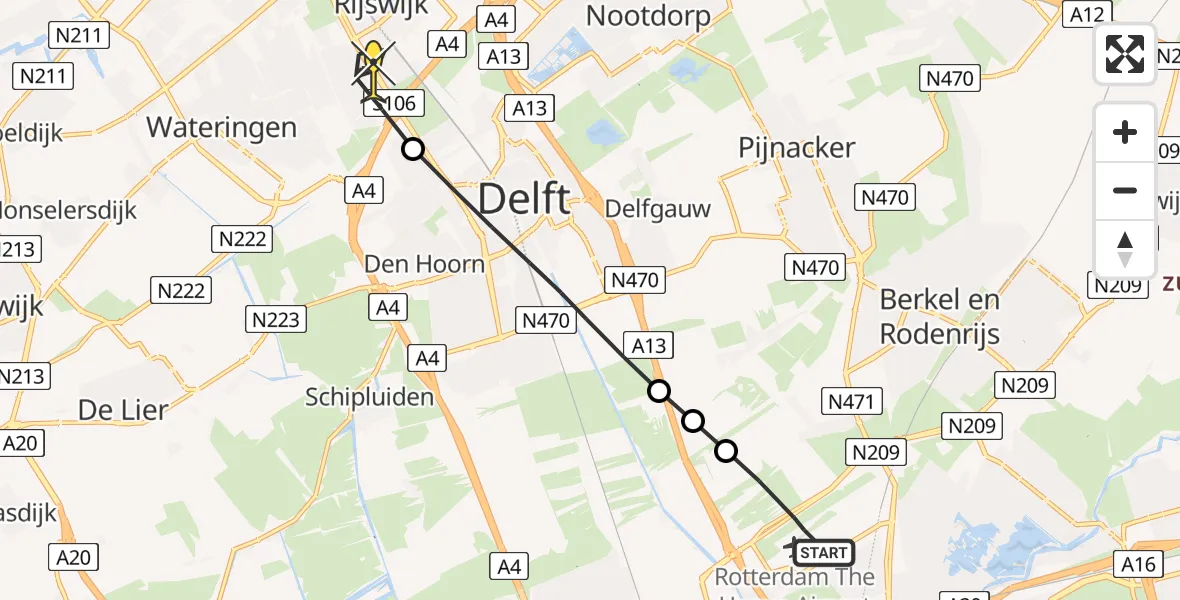 Routekaart van de vlucht: Lifeliner 2 naar Rijswijk, Schieveense polder