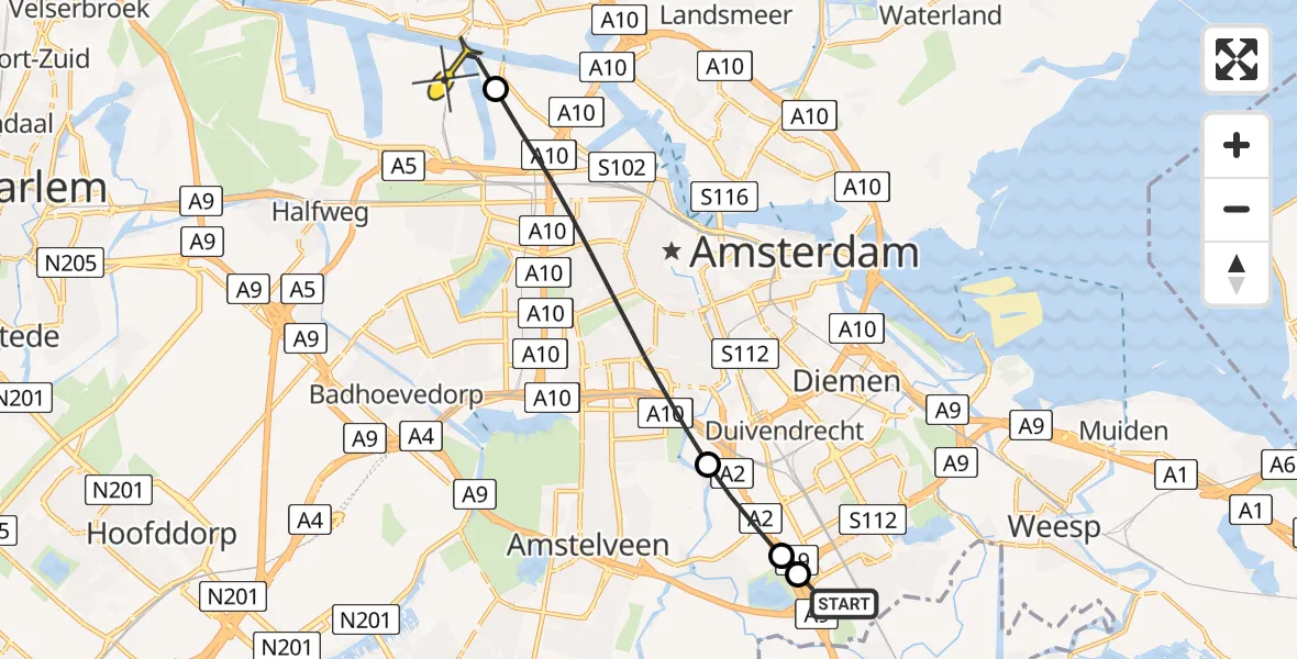 Routekaart van de vlucht: Lifeliner 1 naar Amsterdam Heliport, Sijsjesbergweg
