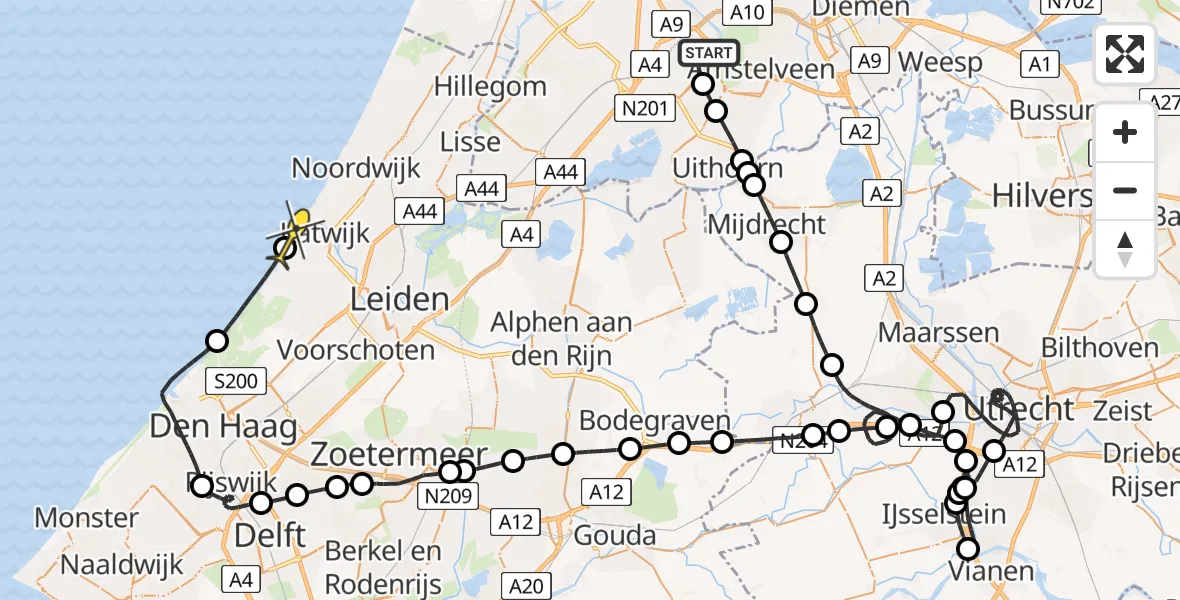 Routekaart van de vlucht: Politieheli naar Katwijk, Amsterdam-Bataviaweg