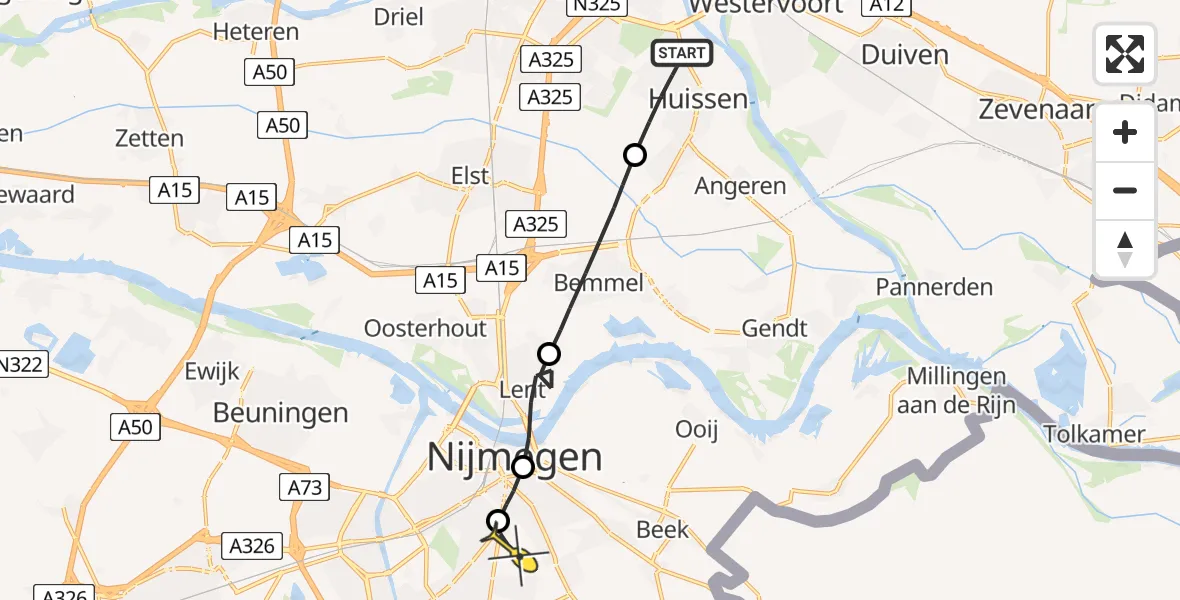 Routekaart van de vlucht: Lifeliner 3 naar Radboud Universitair Medisch Centrum, Warmoezerij