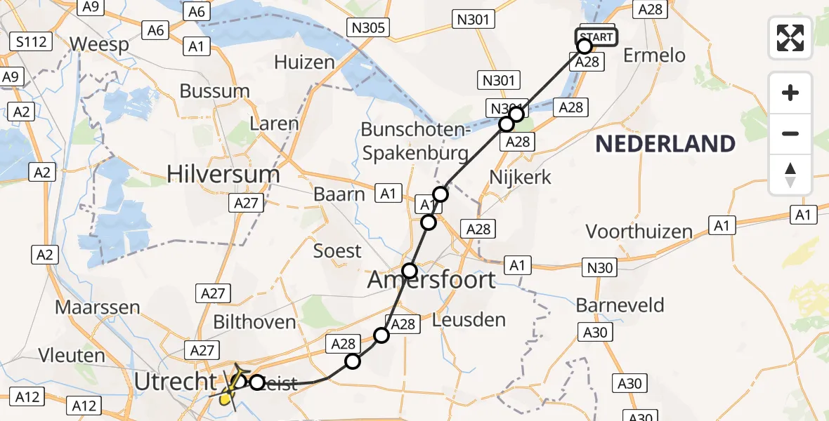 Routekaart van de vlucht: Lifeliner 1 naar Universitair Medisch Centrum Utrecht, Strand Horst Zuid