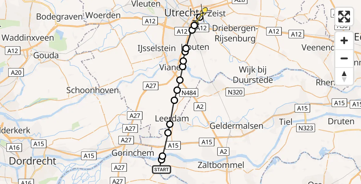 Routekaart van de vlucht: Lifeliner 2 naar Universitair Medisch Centrum Utrecht, Munnikenlandse Waalkade
