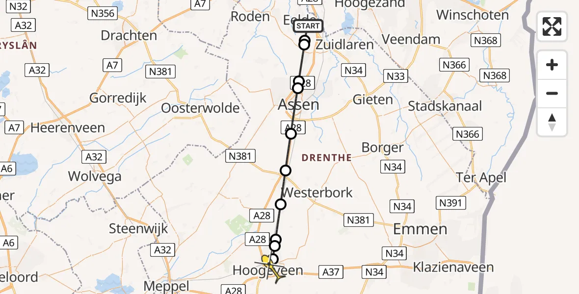 Routekaart van de vlucht: Lifeliner 4 naar Hoogeveen, Hondstong