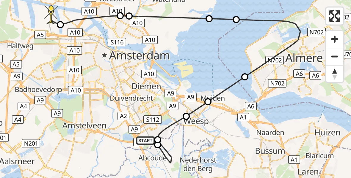 Routekaart van de vlucht: Lifeliner 1 naar Amsterdam Heliport, Ruwelspad