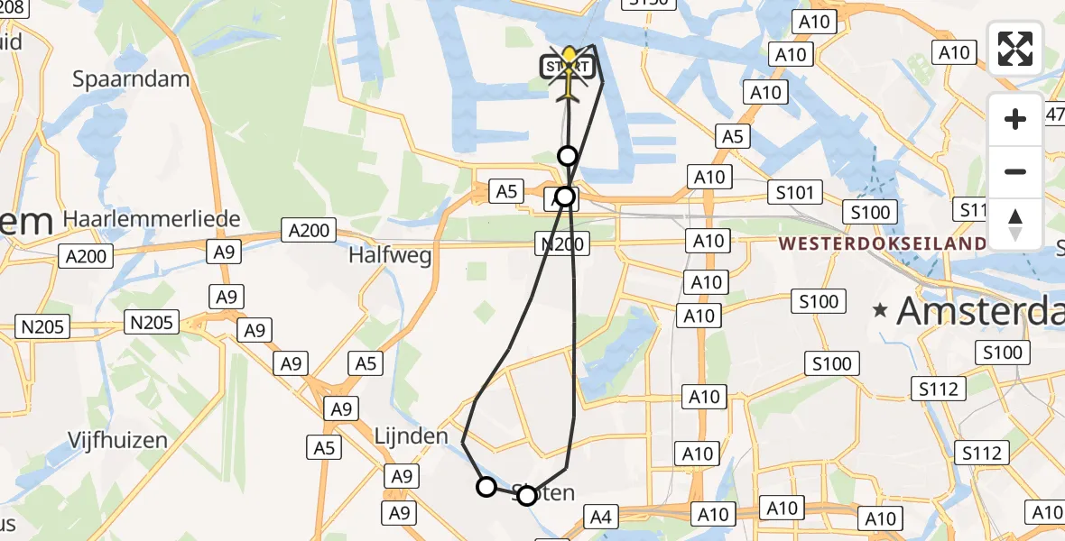 Routekaart van de vlucht: Lifeliner 1 naar Amsterdam Heliport, Elbaweg