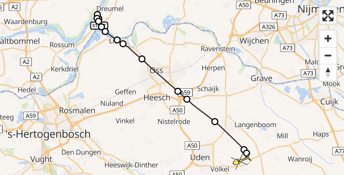 Routekaart van de vlucht: Lifeliner 3 naar Vliegbasis Volkel, Heerewaardense Afsluitdijk