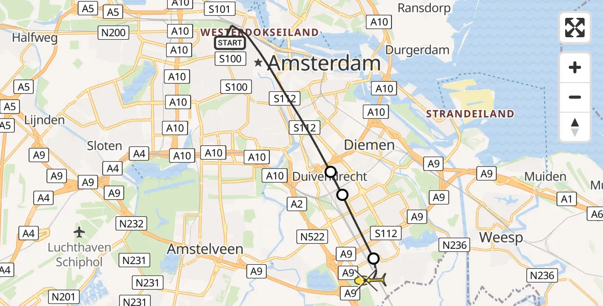 Routekaart van de vlucht: Lifeliner 1 naar Academisch Medisch Centrum (AMC), Spuistraat
