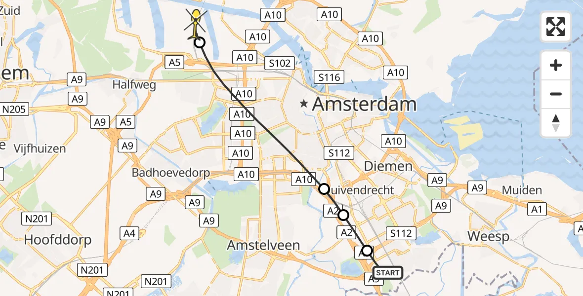 Routekaart van de vlucht: Lifeliner 1 naar Amsterdam Heliport, Luttenbergweg