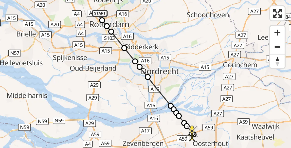 Routekaart van de vlucht: Lifeliner 2 naar Made, Zestienhovensebaan