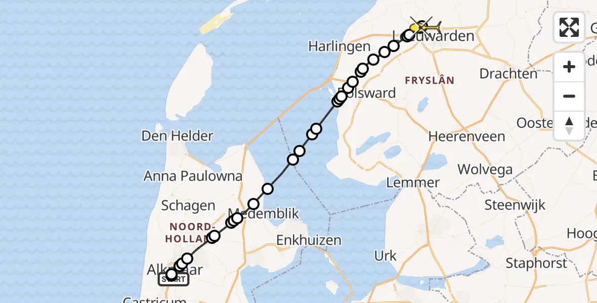 Routekaart van de vlucht: Ambulanceheli naar Vliegbasis Leeuwarden, Wendelaarstraat
