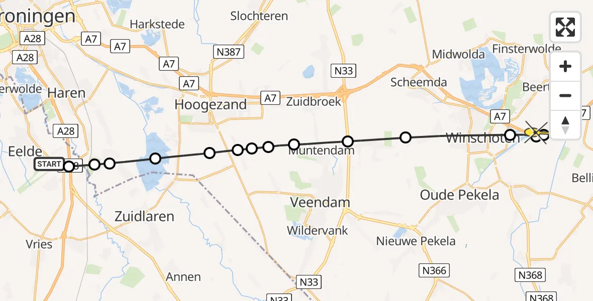 Routekaart van de vlucht: Lifeliner 4 naar Beerta, Burgemeester J.G. Legroweg