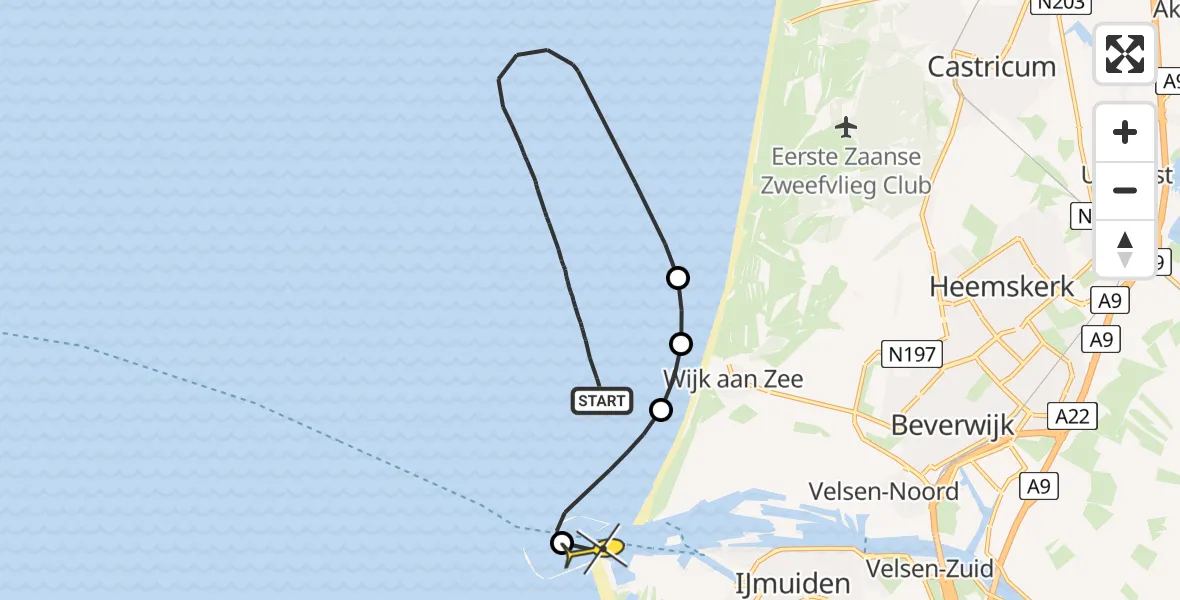 Routekaart van de vlucht: Kustwachthelikopter naar IJmuiden, Noordzeehaven