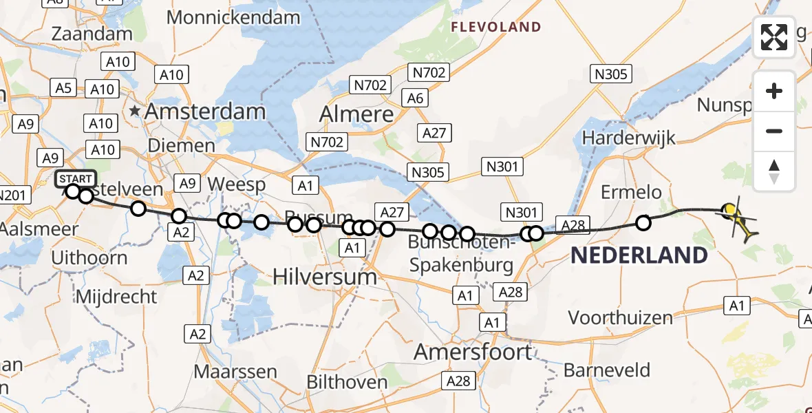 Routekaart van de vlucht: Politieheli naar Elspeet, Amsterdam-Bataviaweg