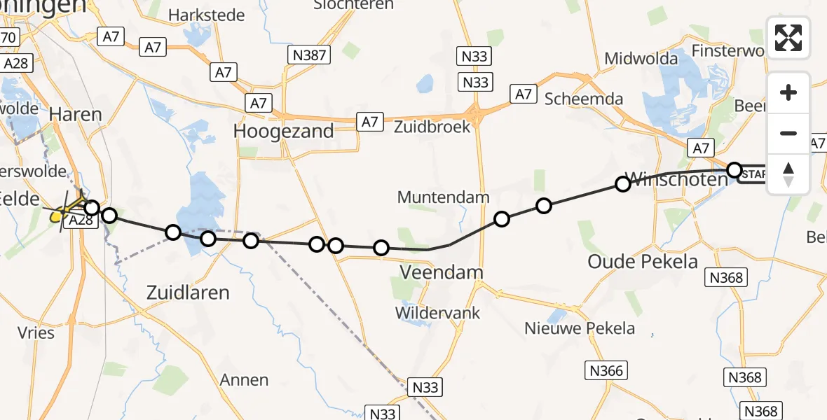 Routekaart van de vlucht: Lifeliner 4 naar Eelde, Burgemeester J.G. Legroweg