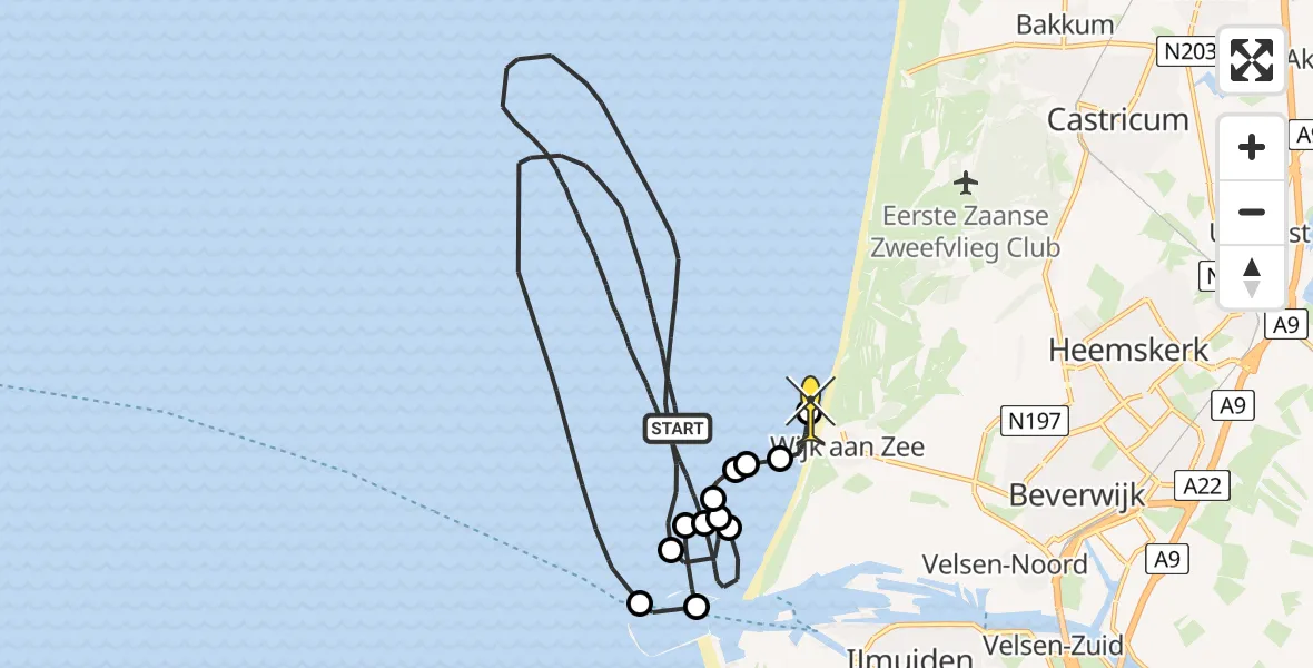 Routekaart van de vlucht: Kustwachthelikopter naar Heemskerk, Noordpier