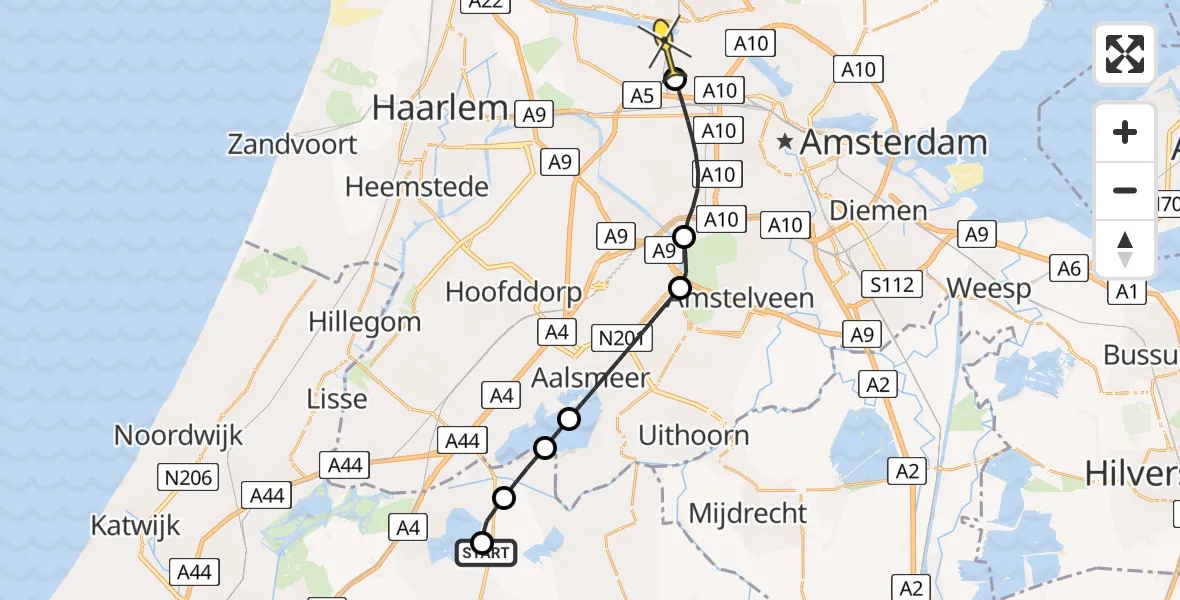 Routekaart van de vlucht: Lifeliner 1 naar Amsterdam Heliport, Herenweg