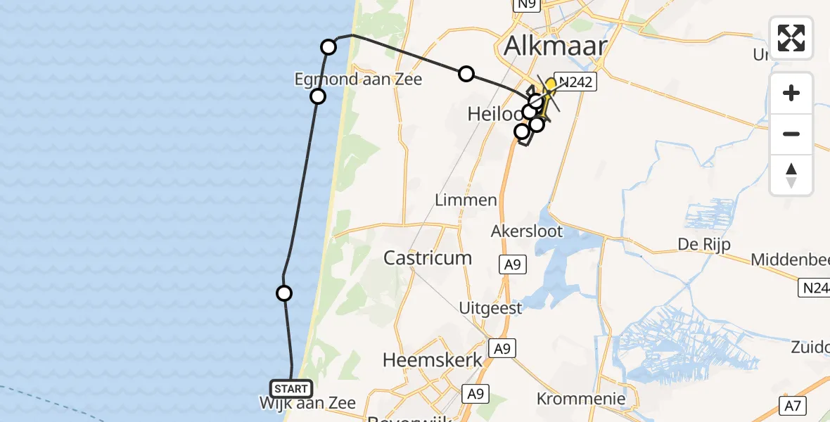Routekaart van de vlucht: Kustwachthelikopter naar Alkmaar, Parelweg