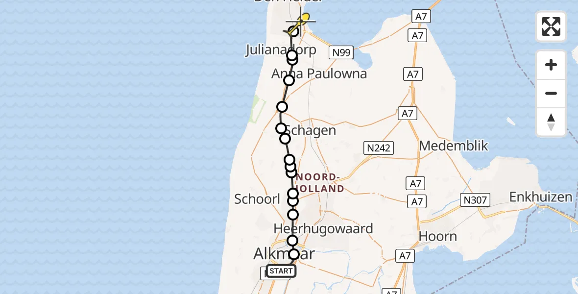 Routekaart van de vlucht: Kustwachthelikopter naar Vliegveld De Kooy, Ommering
