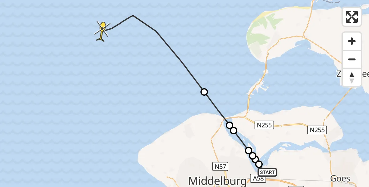 Routekaart van de vlucht: Kustwachthelikopter naar Lamsoor