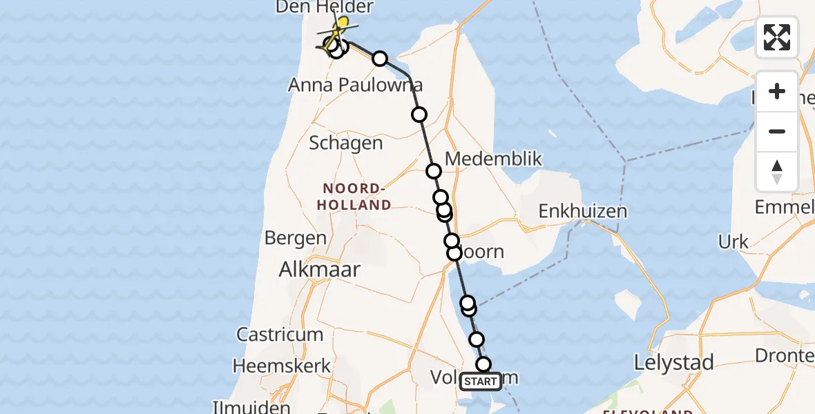 Routekaart van de vlucht: Kustwachthelikopter naar Vliegveld De Kooy, Noordeinde