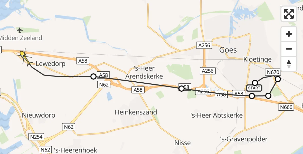 Routekaart van de vlucht: Kustwachthelikopter naar Vliegveld Midden-Zeeland, Viaductweg