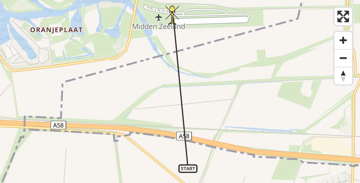 Routekaart van de vlucht: Kustwachthelikopter naar Vliegveld Midden-Zeeland, Calandweg