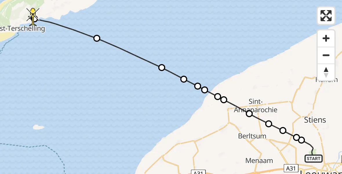 Routekaart van de vlucht: Ambulanceheli naar West-Terschelling, Keegsdijkje