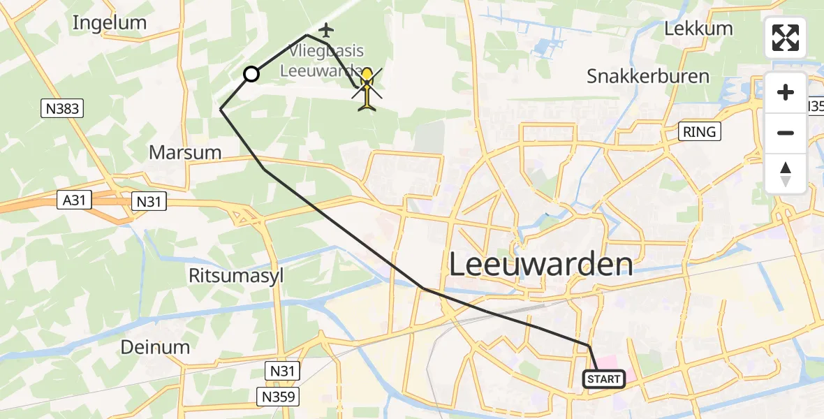 Routekaart van de vlucht: Ambulanceheli naar Vliegbasis Leeuwarden, Simon de Vliegerstraat