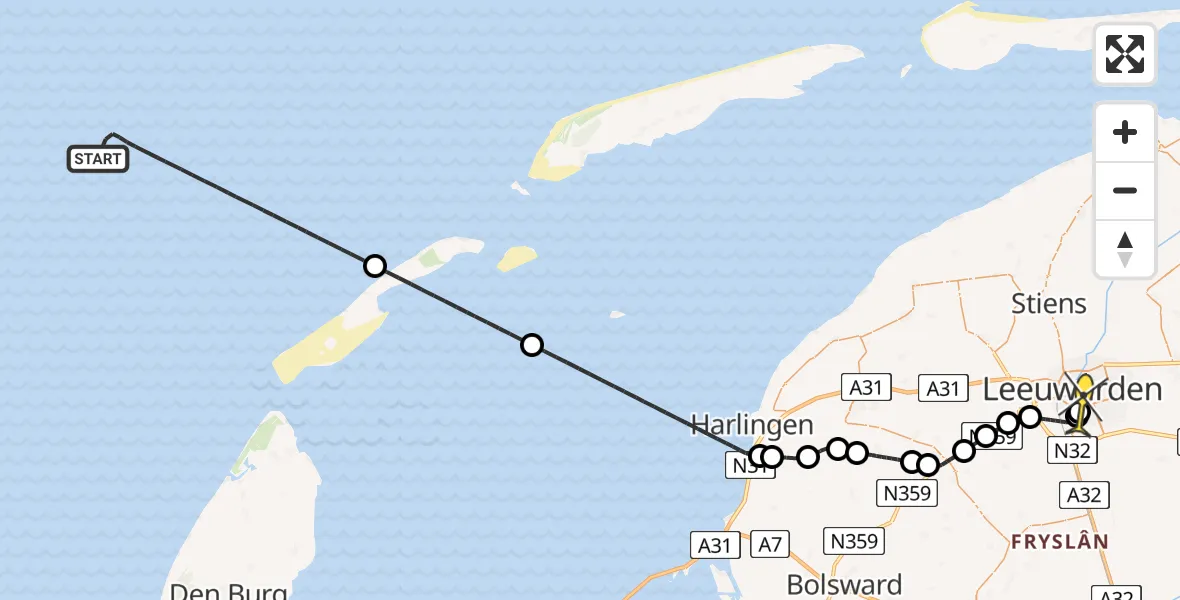 Routekaart van de vlucht: Kustwachthelikopter naar Leeuwarden, Aldlânsdyk