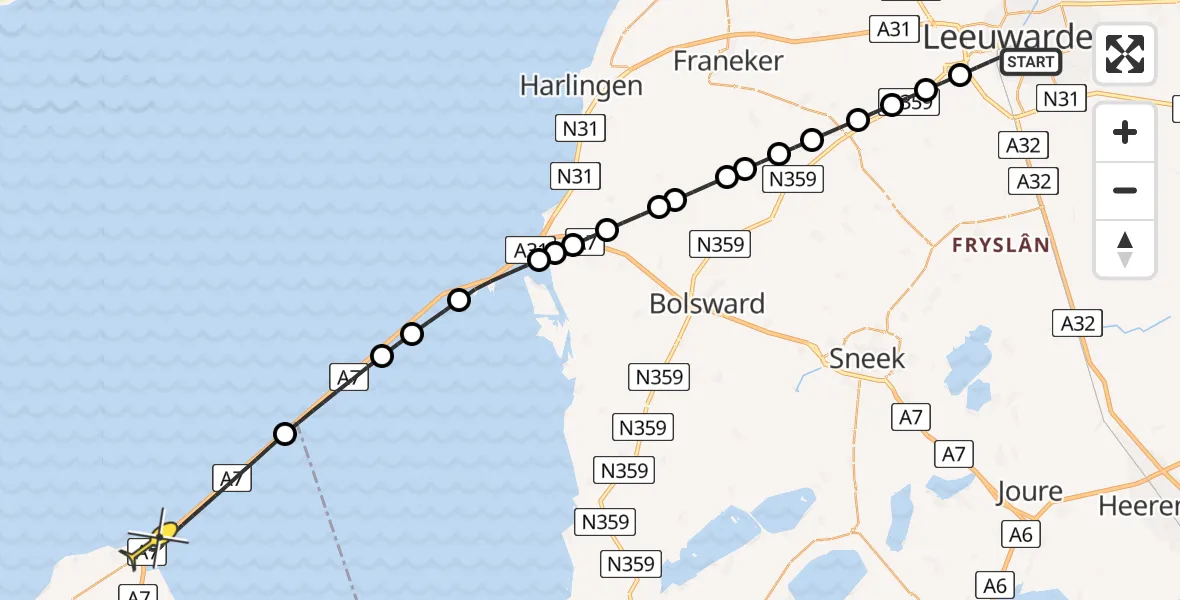 Routekaart van de vlucht: Kustwachthelikopter naar Den Oever, Jan van Scorelstraat
