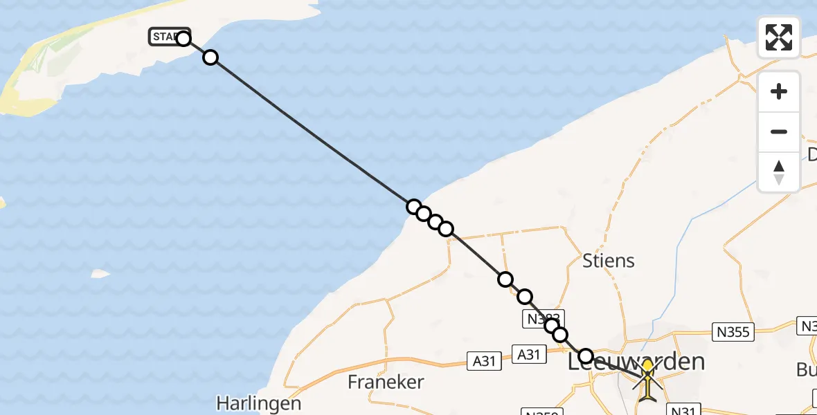 Routekaart van de vlucht: Ambulanceheli naar Leeuwarden, Tordelenweg