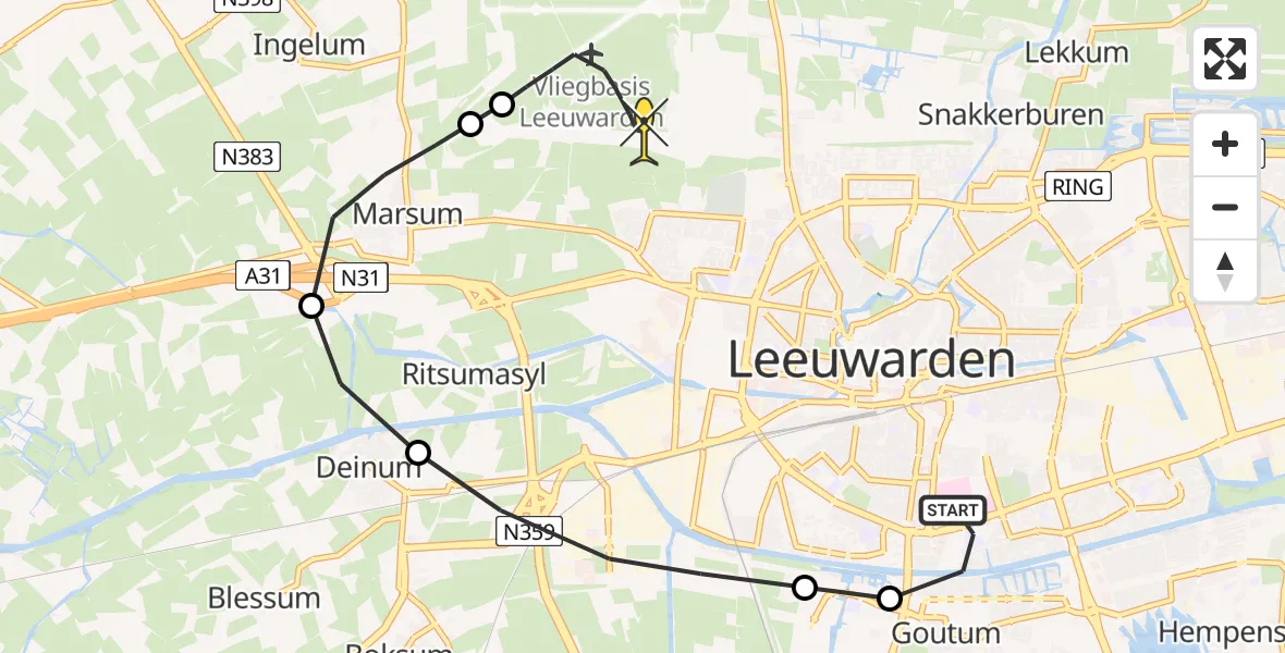 Routekaart van de vlucht: Ambulanceheli naar Vliegbasis Leeuwarden, Boksumerdyk