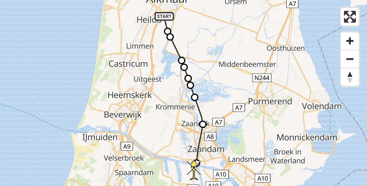 Routekaart van de vlucht: Lifeliner 1 naar Amsterdam Heliport, Middentocht